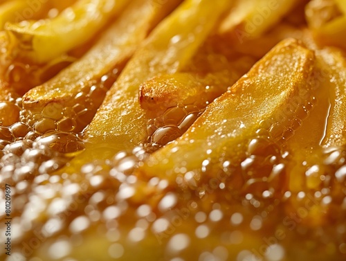 Close-up of crispy french fries glistening with oil  illustrating delicious fast food indulgence.
