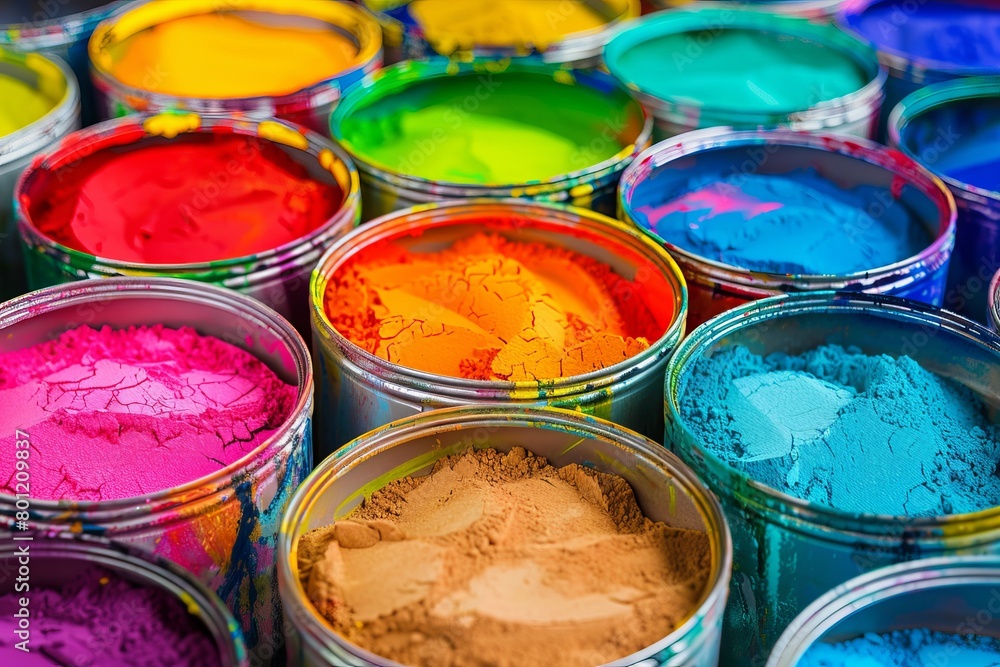 An array of open paint cans spills a spectrum of powdered colors typically used in the Holi festival, creating a bright and festive pattern An array of open paint cans spills a spectrum of powdered colors typically used in the Holi festival, creating a bright and festive pattern