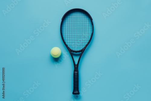 Contrasting elegance. Black tennis racket with ball against blue background © Nina