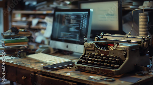 Old vs. new. Brand new computer monitor with old typewriter 