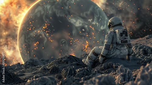 Astronaut on strange rocky alien planet photo
