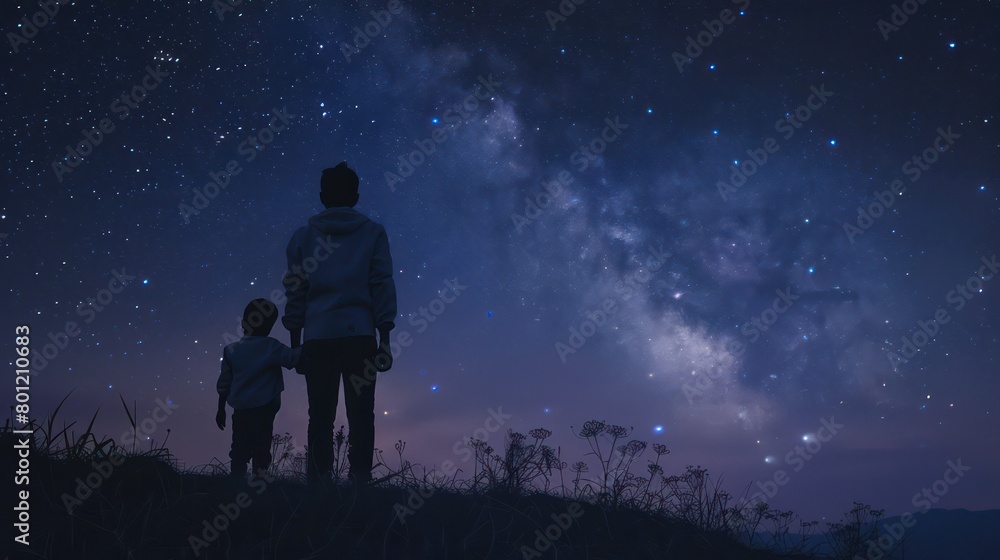 a man and a child are standing on a hill looking at the stars