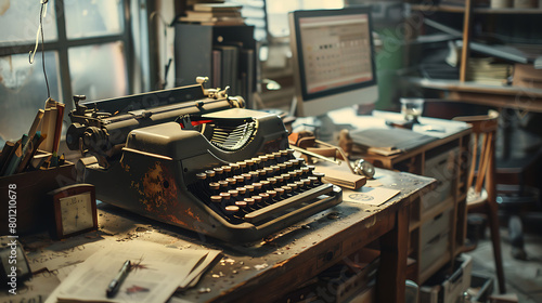 Old vs. new. Brand new computer monitor with old typewriter 