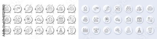 Christmas tree, Gears and Rating stars line icons. White pin 3d buttons, chat bubbles icons. Pack of Money transfer, Market sale, Teamwork icon. Whisper, Mail correspondence, Metro pictogram. Vector