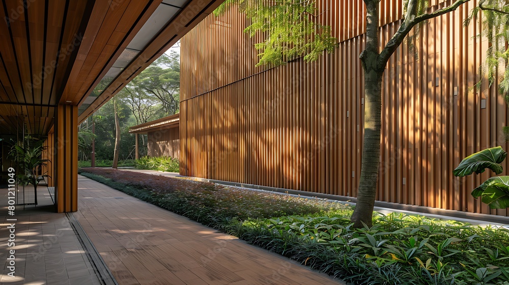 Architecture building wooden exterior in shady garden Architecture building wooden exterior in shady garden