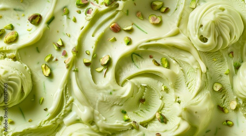 Surface of pistachio green ice cream texture background, top view.