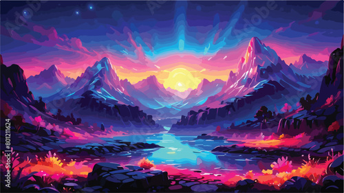 Fantasy Landscape Vector Illustration - Mountains  Forest  Lake with Colorful Glowing Light Effects.