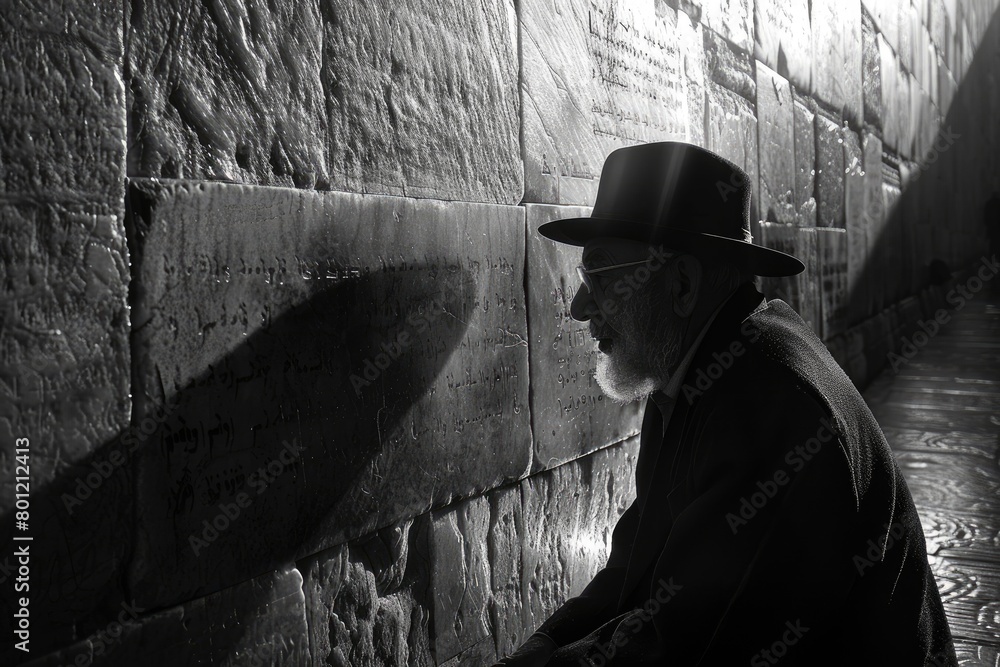 Fototapeta premium An elderly man in traditional Jewish clothing stands thoughtfully at the Western Wall in Jerusalem