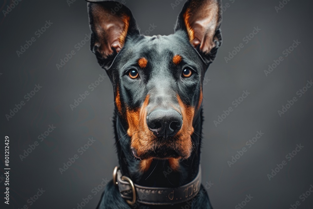 Portrait of a Doberman dog on a dark background