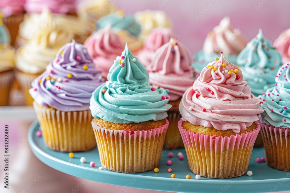 Close-up of delightful display of cupcakes with colorful frosting and sprinkles