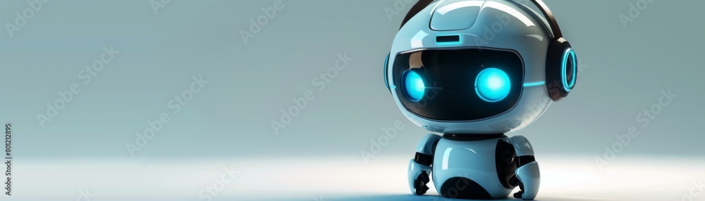 A cute robot wearing headphones is looking at the camera. The robot is white and blue and has a friendly expression on its face. It is standing in a white room with a blue background. A cute robot wearing headphones is looking at the camera. The robot is white and blue and has a friendly expression on its face. It is standing in a white room with a blue background.