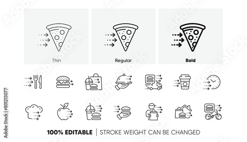 Online order, Eat pizza, Fast grocery service. Food delivery line icons. Home delivery, Burger or cheeseburger, Courier with food outline icons. Smartphone order, Coffee deliver, Apple fruit. Vector