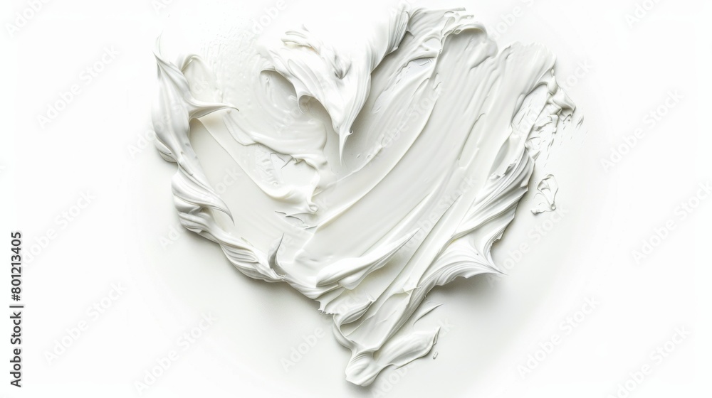 White beauty skincare cream swipe smear in heart shape on white Background. Cosmetics makeup smudge swatches. Top view White beauty skincare cream swipe smear in heart shape on white Background. Cosmetics makeup smudge swatches. Top view