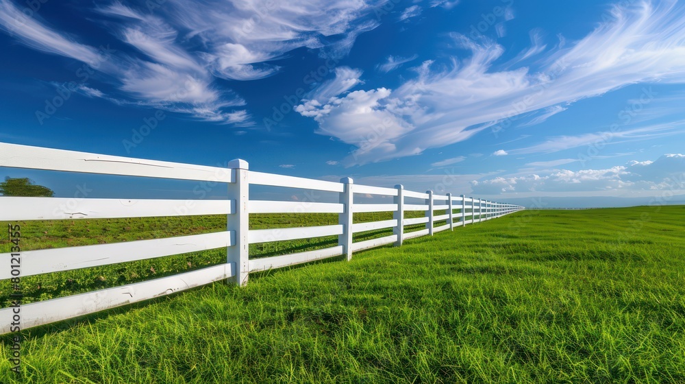 white-coloured wooden fence in a green farm with blue sky in the daytime white-coloured wooden fence in a green farm with blue sky in the daytime