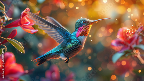 A hummingbird hovers in mid-air, its long, thin beak outstretched towards a cluster of red flower