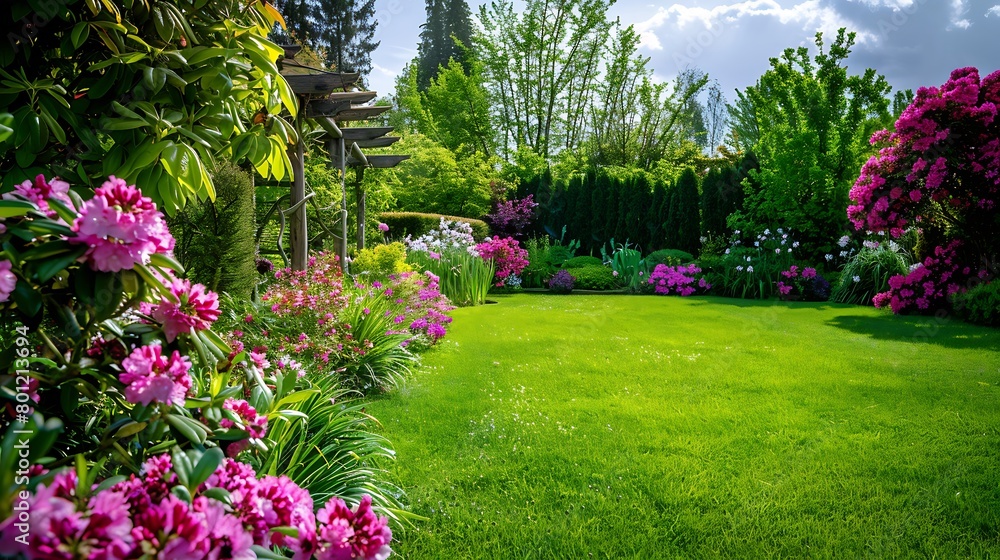 Beautiful cottage garden colorful flowering plant on smooth green grass lawn and group of evergreen trees in good care maintenance