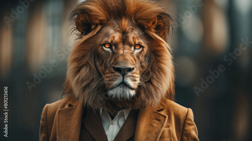A lion  the king of the jungle  is wearing a suit and tie