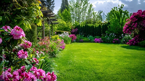 Beautiful cottage garden colorful flowering plant on smooth green grass lawn and group of evergreen trees in good care maintenance