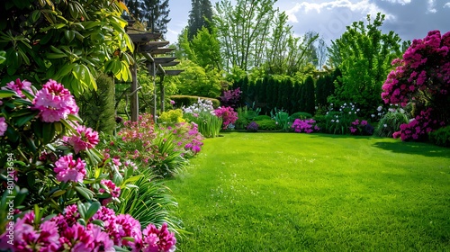 Fototapeta Naklejka Na Ścianę i Meble -  Beautiful cottage garden colorful flowering plant on smooth green grass lawn and group of evergreen trees in good care maintenance