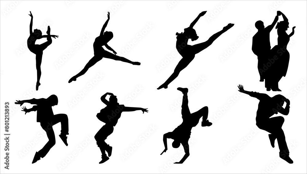 Silhouette of ballet, breakdance, and couple dancing Silhouette of ballet, breakdance, and couple dancing