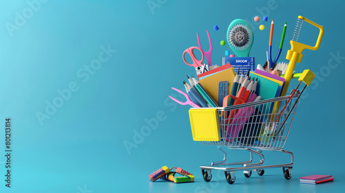 Text SCHOOL and shopping basket with different school