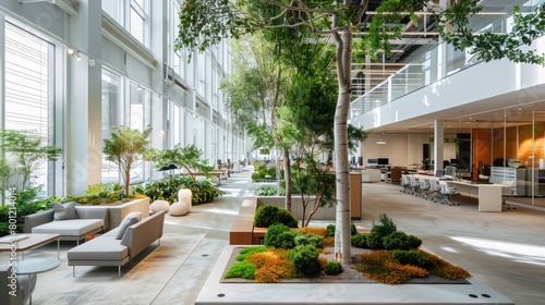 Urban office space with indoor trees and shrubs, fostering a connection with nature amidst the hustle and bustle. © buraratn