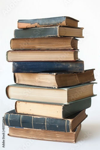 Stack of hardcover books on white background, Back to School, studies, learning concept.