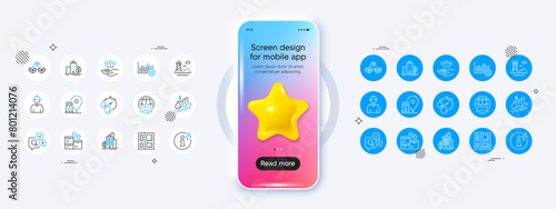 Buildings, Operational excellence and Petrol station line icons. Phone mockup with 3d star icon. Pack of Power info, Engineer, Wholesale goods icon. Vector