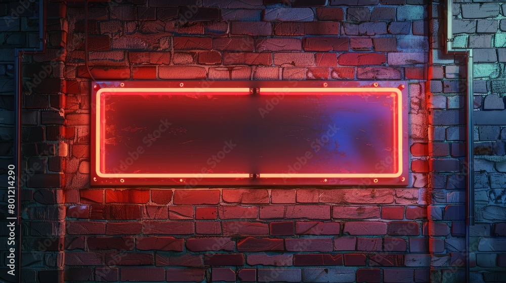 Neon sign on brick wall at night. Inscription blank space Neon sign on brick wall at night. Inscription blank space