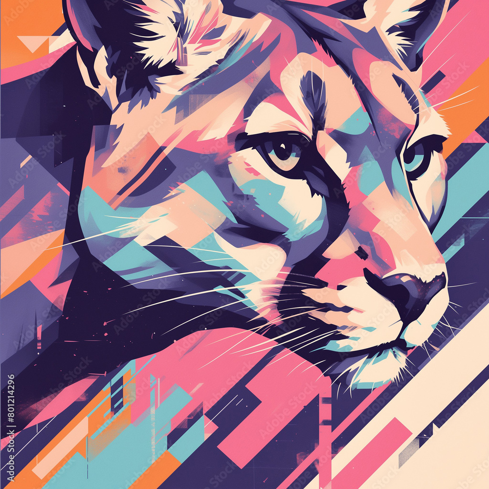 Puma badge for t-shirt design. Mountain leopard concept poster. Creative graphic design. Cyberpunk vaporwave style. Digital artistic artwork raster bitmap illustration. Graphic design art. AI artwork.