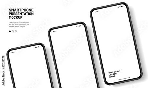 Realistic smartphone mockup. Mobile phone vector with isolated on white background. Device front view. 3D mobile phone with shadow. Realistic, high quality smart phone mockup for ui ux presentation.