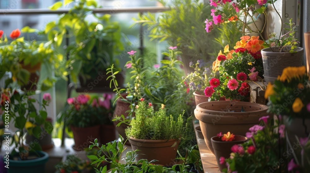Obraz premium Terrace garden featuring a variety of flowering plants and herbs, adding beauty and fragrance to the home.