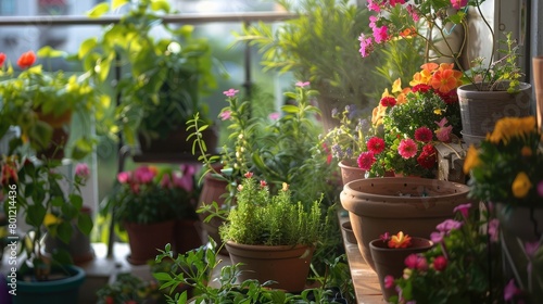 Terrace garden featuring a variety of flowering plants and herbs, adding beauty and fragrance to the home.