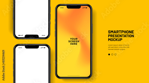 Realistic smartphone mockup. Mobile phone vector with isolated on white background. Device front view. 3D mobile phone with shadow. Realistic, high quality smart phone mockup for ui ux presentation.