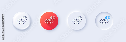Check eye line icon. Neumorphic, Red gradient, 3d pin buttons. Oculist clinic sign. Optometry vision symbol. Line icons. Neumorphic buttons with outline signs. Vector