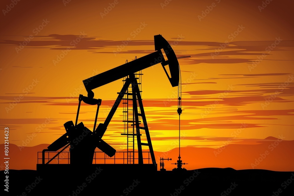 Oil pump jack silhouette on drilling site against colorful sunset sky in vibrant hues