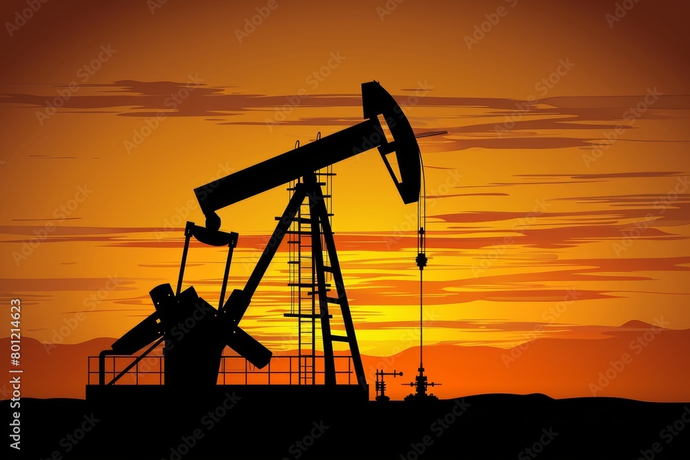 Oil pump jack silhouette on drilling site against colorful sunset sky in vibrant hues Oil pump jack silhouette on drilling site against colorful sunset sky in vibrant hues