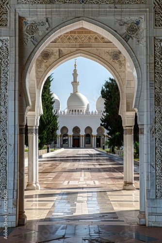 Entrance to a mosque with a mosque in the background  concept of Eid-al-Adha  Eid Mubarak  Ramadan  Feast of Sacrifice.