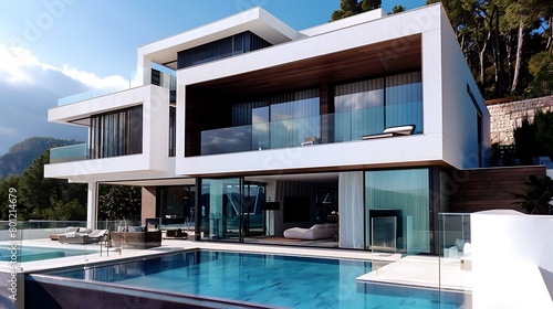 Beautiful modern white house with swimming pool © Michael