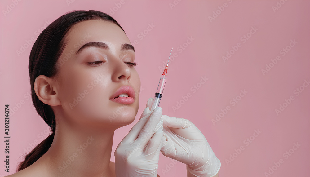 Young woman receiving filler injection in face against pink background Skin care concept Young woman receiving filler injection in face against pink background Skin care concept