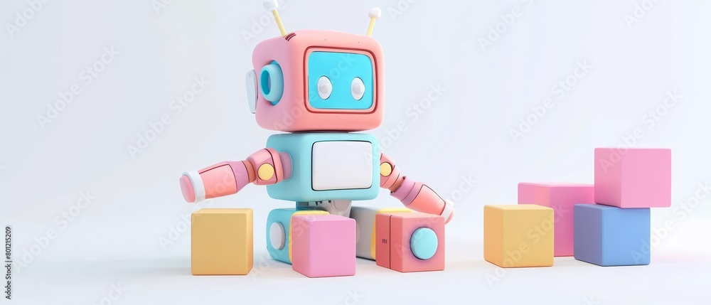 A cute robot is playing with blocks A cute robot is playing with blocks