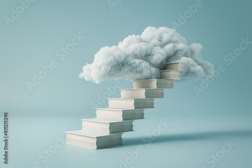 Staircase made of books with white cloud, concept of knowledge, learning.