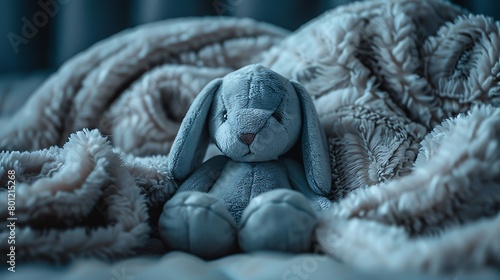 A plush toy bunny sitting amongst a pile of soft blankets, ready for snuggles photo