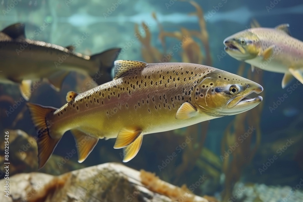 Salmon fish group in a sea based aquaculture farm facility, underwater farming scene Salmon fish group in a sea based aquaculture farm facility, underwater farming scene