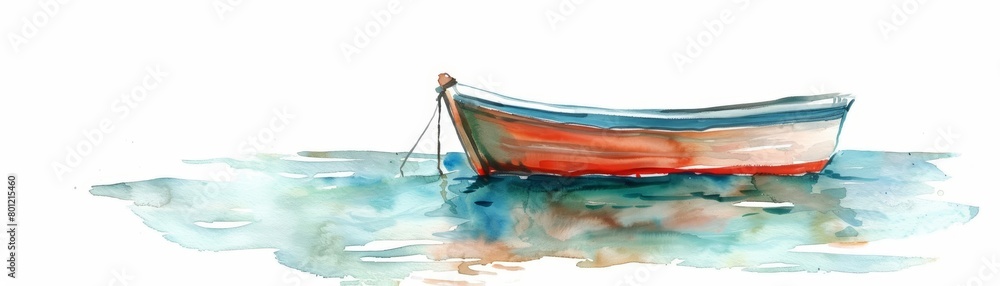 A watercolor painting of a red boat floating on calm water