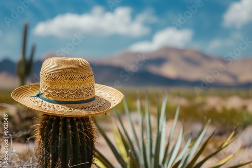 Mexican hat on cactus, desert in the background, Cinco de Mayo concept, Mexican culture. photo