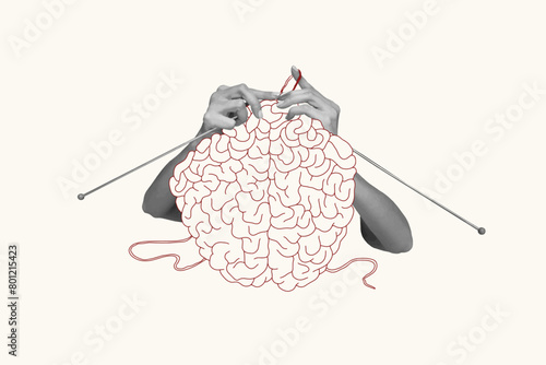 Vector illustration. Contemporary art collage. Human hands knitting brain. Growing psychological and emotional stability. Concept of psychology, inner world, mental health, feelings. Conceptual art