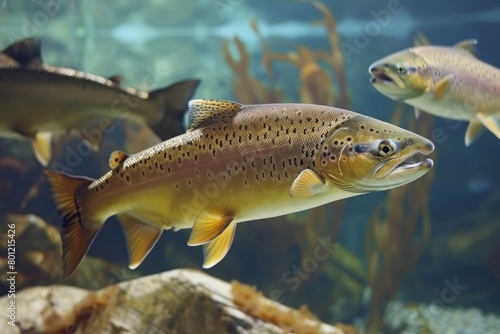 Salmon fish group in a sea based aquaculture farm facility  underwater farming scene