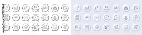 Time change, Recruitment and 360 degrees line icons. White pin 3d buttons, chat bubbles icons. Pack of Waterproof, Seo stats, Swipe up icon. Vector