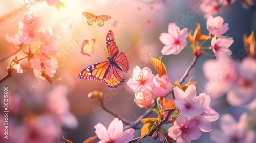 Serene Spring Beauty  Pink Sakura Blossoms and Fluttering Butterflies in a Peaceful Landscape  Capturing Nature s Delicate Charm